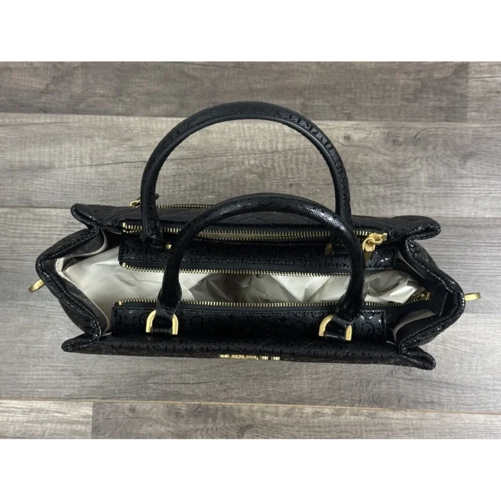 Guess Jania Society Quilted‎ Medium Satchel Crossbody Black Logo Embossed NEW